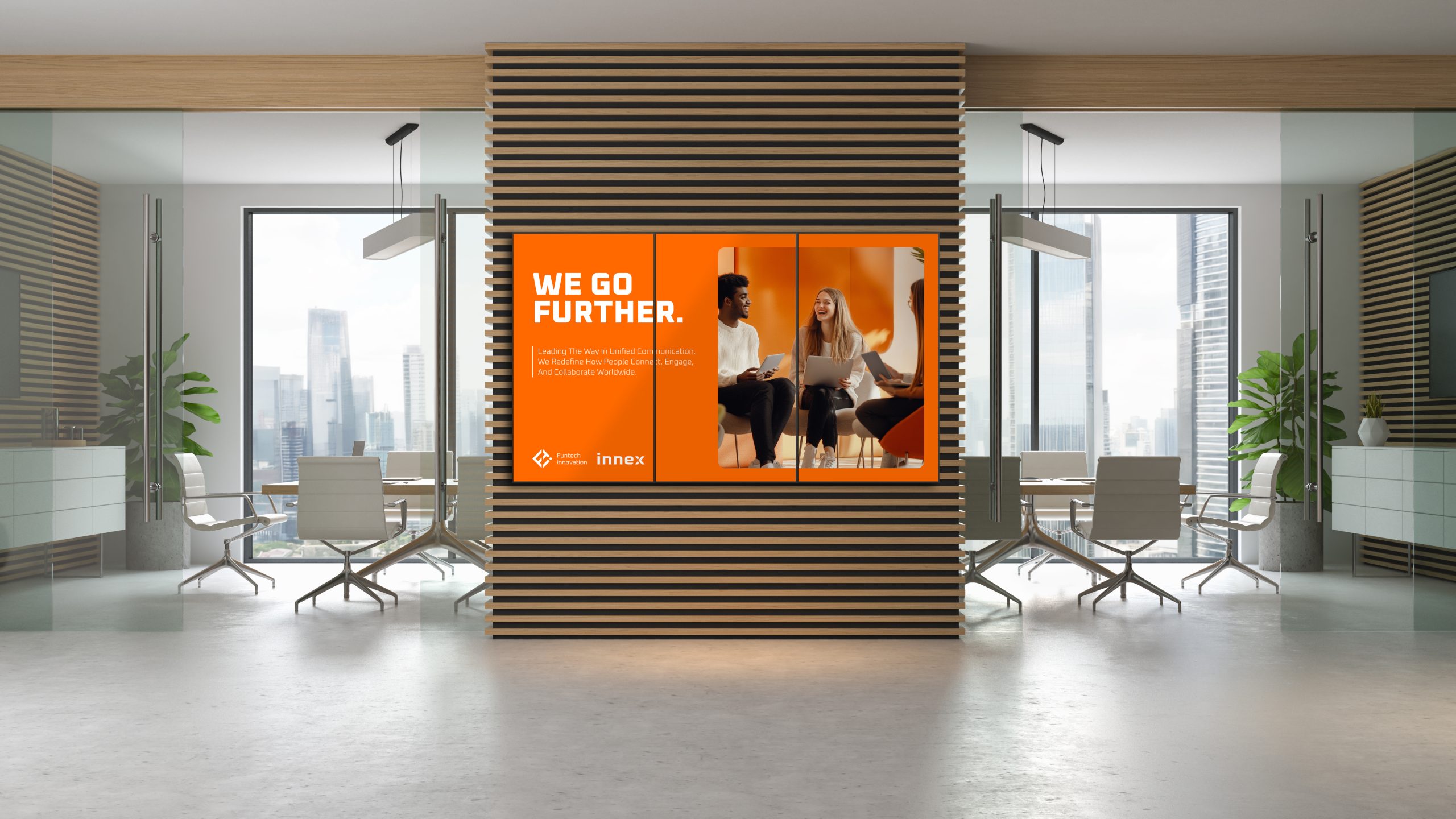 Modern AI-powered business reception with professional communication setup